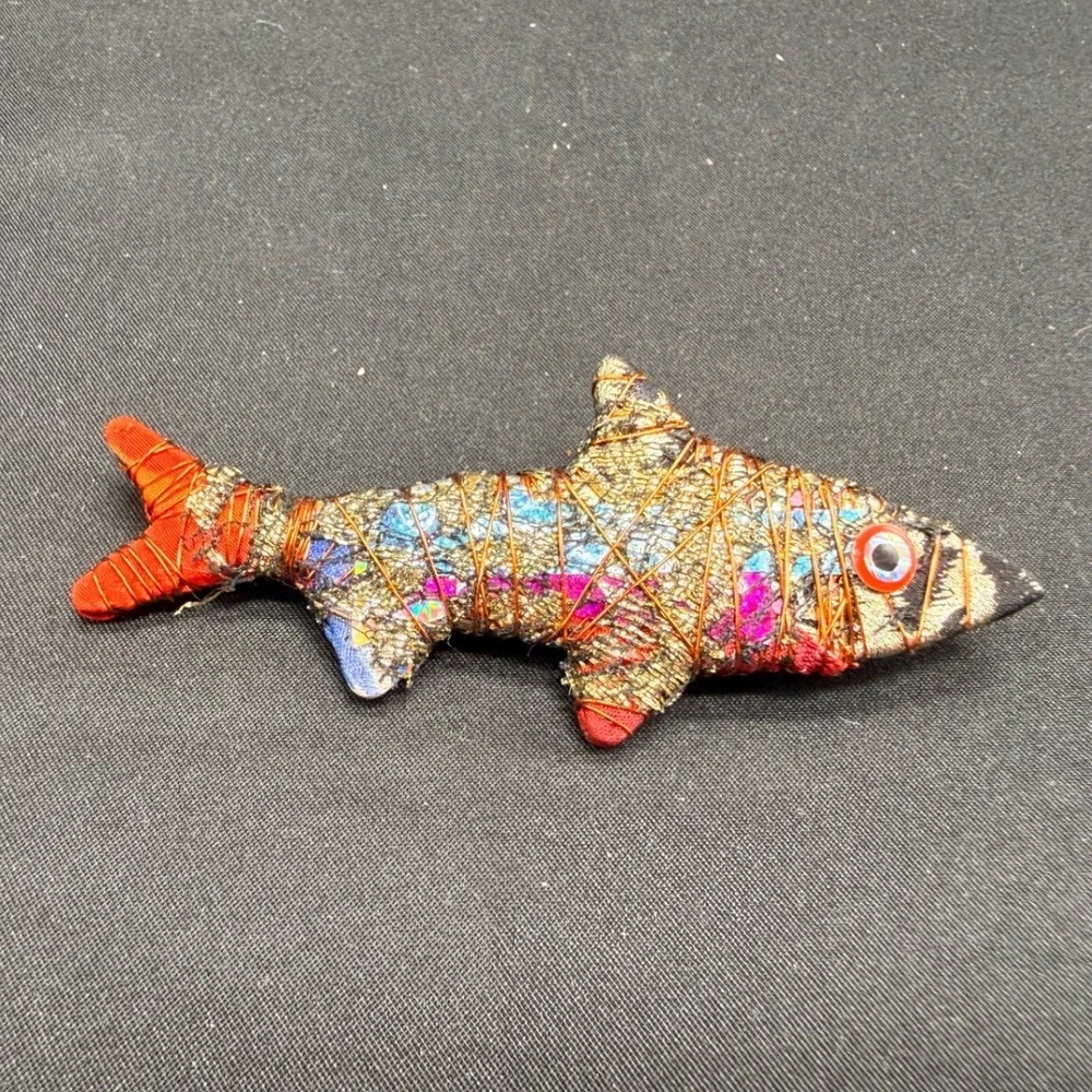 Handmade Mixed Media Shark Brooch Wire Wrapped Fabric Art Pin Nautical Jewelry